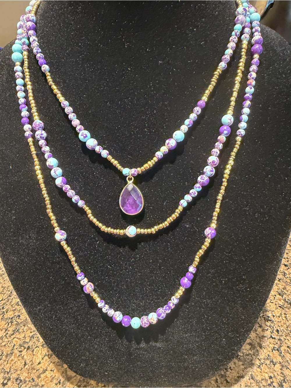 Amethyst Teardrop Pendant Beaded Necklace - Purple & Turquoise NNWT